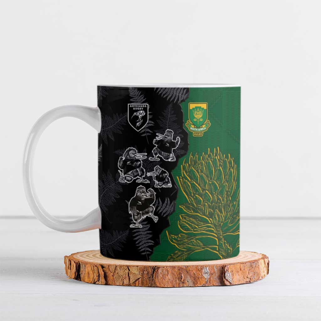 Custom Aotearoa South Africa Rugby Freedom Cup Ceramic Mug Kiwi Warriors Haka with King Protea Symbol - Polynesian Pride