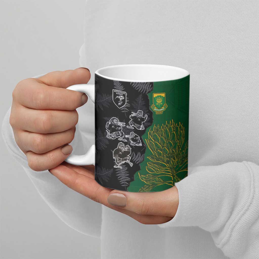 Custom Aotearoa South Africa Rugby Freedom Cup Ceramic Mug Kiwi Warriors Haka with King Protea Symbol - Polynesian Pride