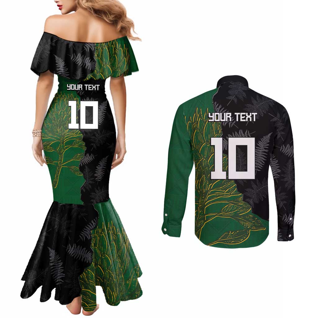 Custom Aotearoa South Africa Rugby Freedom Cup Couples Matching Mermaid Dress and Long Sleeve Button Shirt Kiwi Warriors Haka with King Protea Symbol - Polynesian Pride