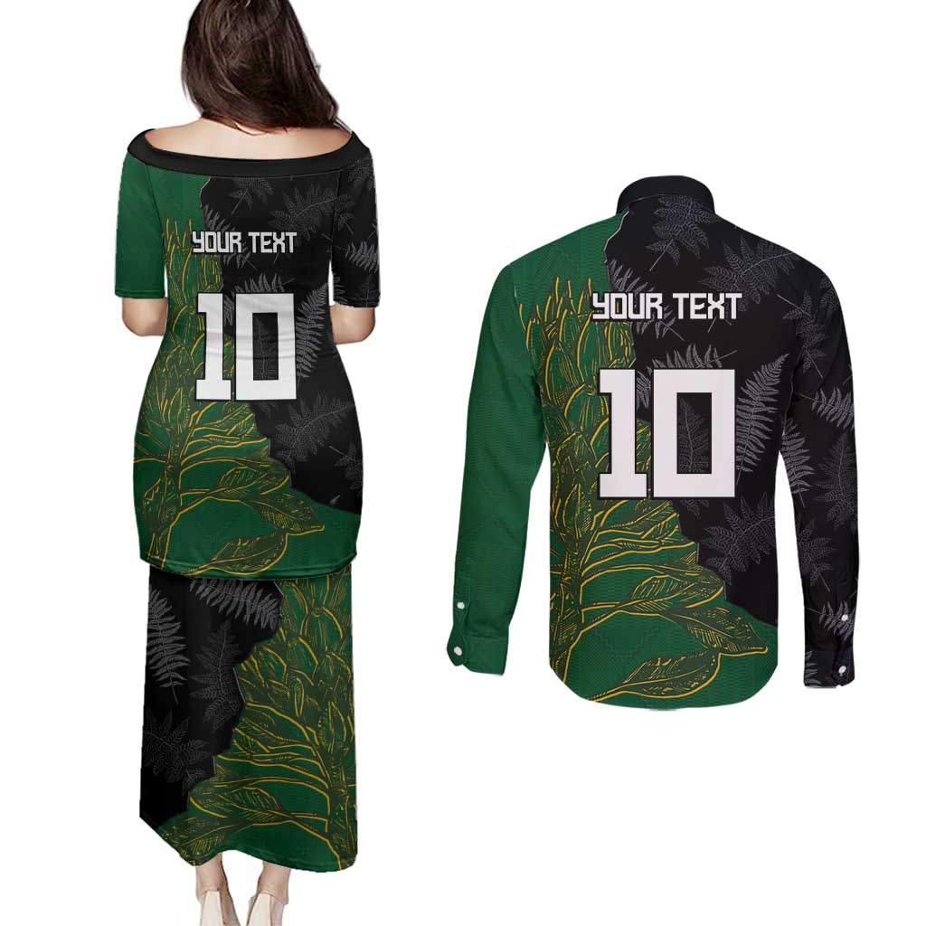 Custom Aotearoa South Africa Rugby Freedom Cup Couples Matching Puletasi and Long Sleeve Button Shirt Kiwi Warriors Haka with King Protea Symbol - Polynesian Pride