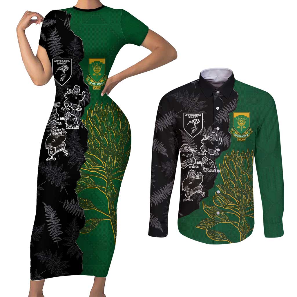 Custom Aotearoa South Africa Rugby Freedom Cup Couples Matching Short Sleeve Bodycon Dress and Long Sleeve Button Shirt Kiwi Warriors Haka with King Protea Symbol - Polynesian Pride