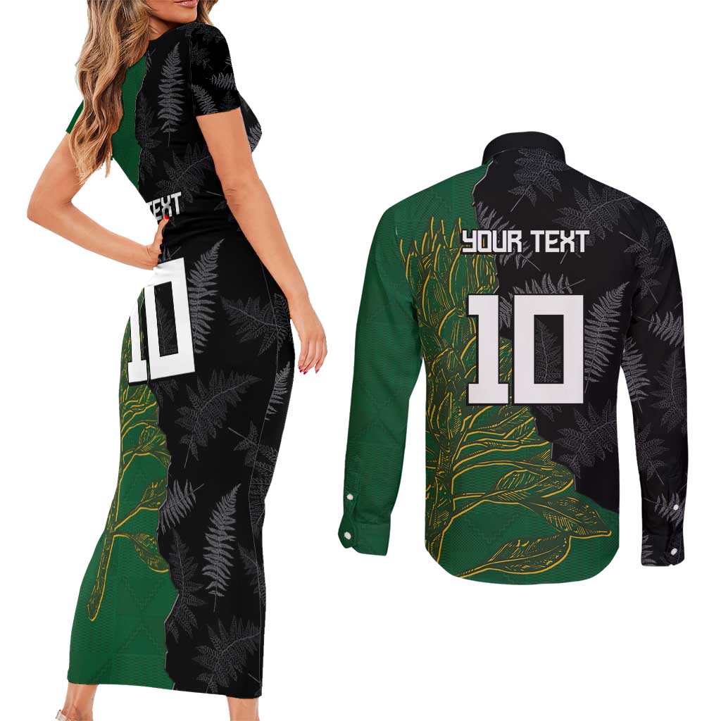 Custom Aotearoa South Africa Rugby Freedom Cup Couples Matching Short Sleeve Bodycon Dress and Long Sleeve Button Shirt Kiwi Warriors Haka with King Protea Symbol - Polynesian Pride