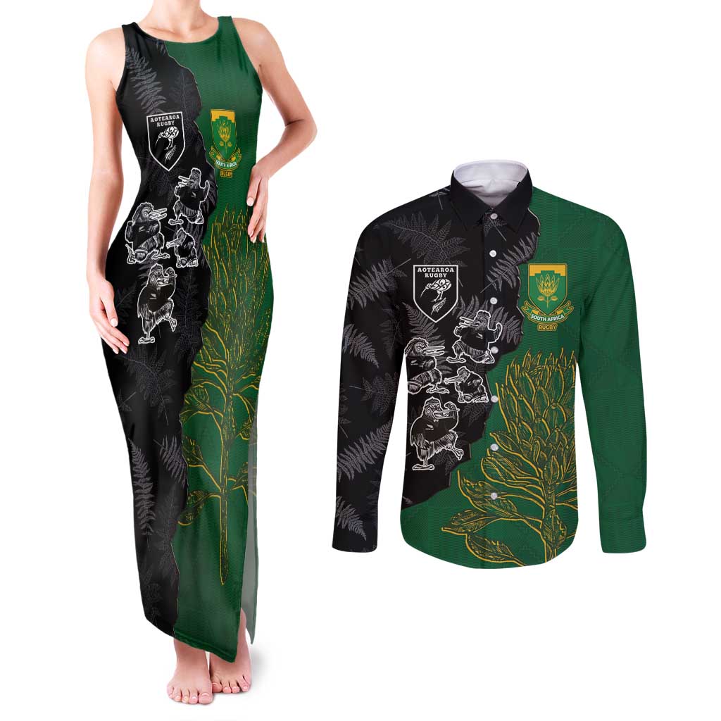 Custom Aotearoa South Africa Rugby Freedom Cup Couples Matching Tank Maxi Dress and Long Sleeve Button Shirt Kiwi Warriors Haka with King Protea Symbol - Polynesian Pride