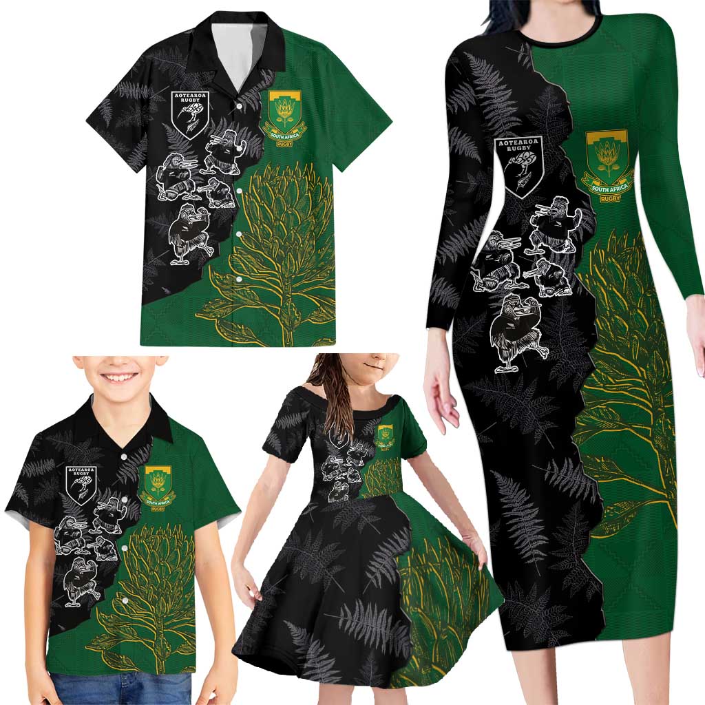 Custom Aotearoa South Africa Rugby Freedom Cup Family Matching Long Sleeve Bodycon Dress and Hawaiian Shirt Kiwi Warriors Haka with King Protea Symbol - Polynesian Pride
