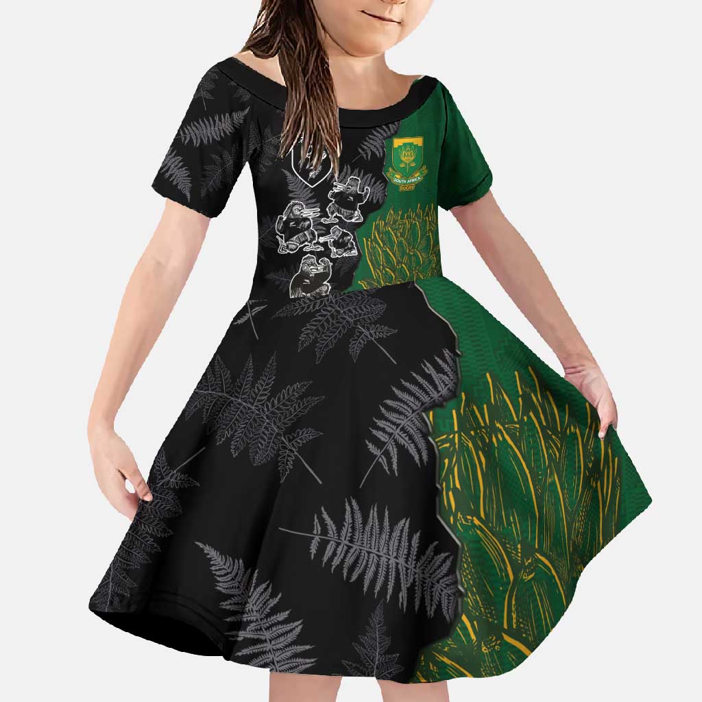 Custom Aotearoa South Africa Rugby Freedom Cup Family Matching Mermaid Dress and Hawaiian Shirt Kiwi Warriors Haka with King Protea Symbol - Polynesian Pride
