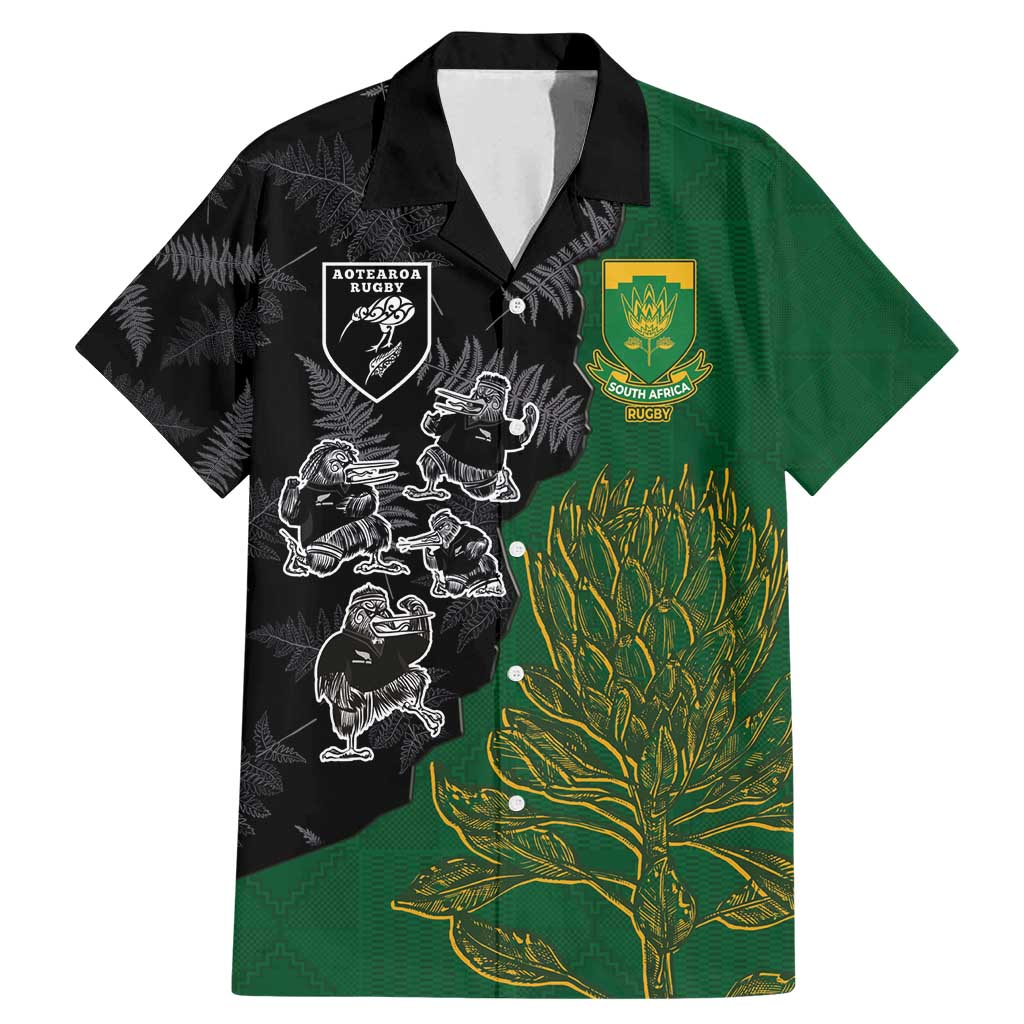 Custom Aotearoa South Africa Rugby Freedom Cup Family Matching Mermaid Dress and Hawaiian Shirt Kiwi Warriors Haka with King Protea Symbol - Polynesian Pride