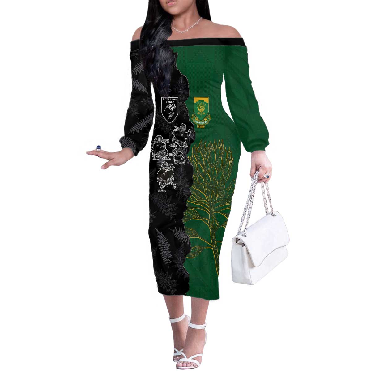 Custom Aotearoa South Africa Rugby Freedom Cup Family Matching Off The Shoulder Long Sleeve Dress and Hawaiian Shirt Kiwi Warriors Haka with King Protea Symbol - Polynesian Pride