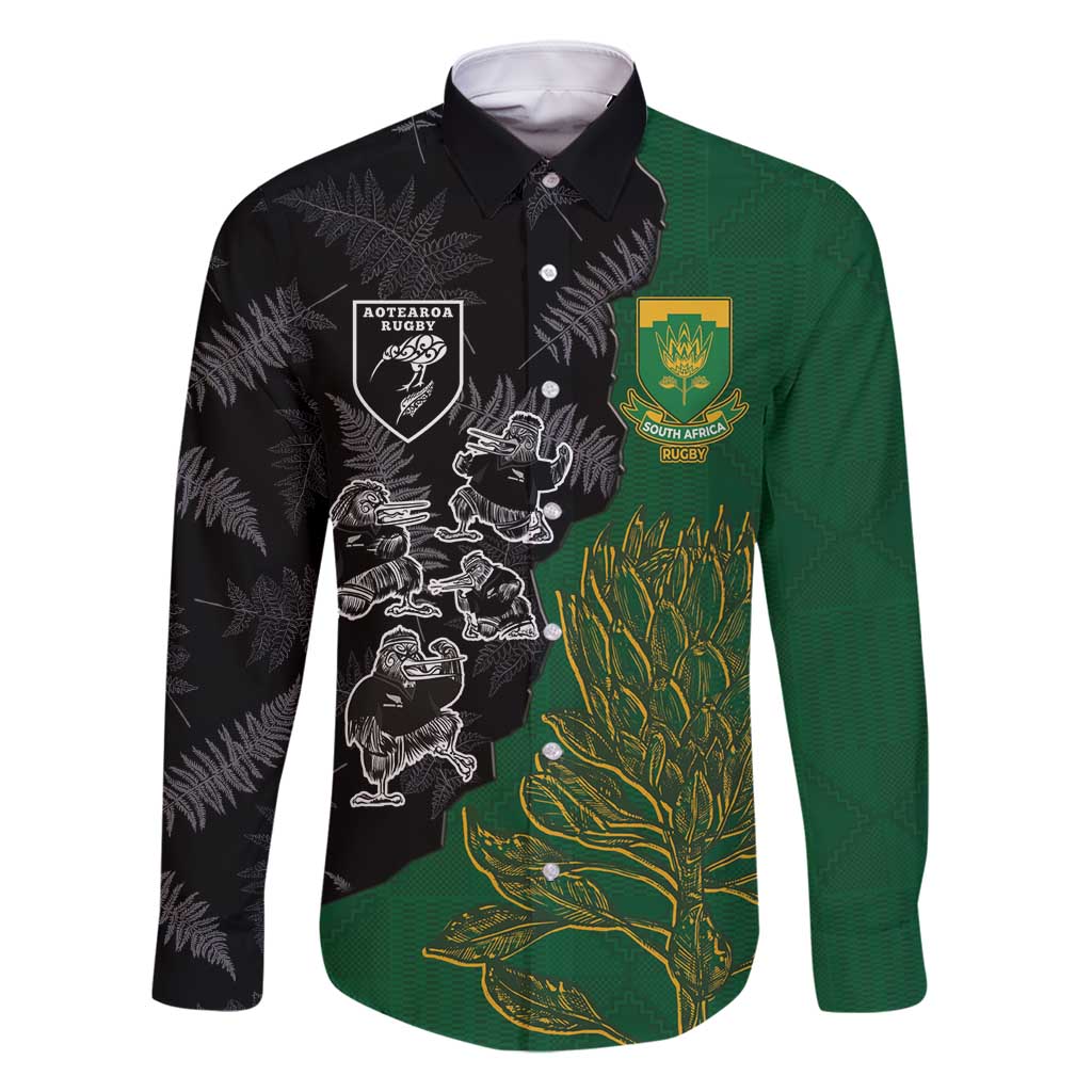 Custom Aotearoa South Africa Rugby Freedom Cup Family Matching Off Shoulder Short Dress and Hawaiian Shirt Kiwi Warriors Haka with King Protea Symbol - Polynesian Pride