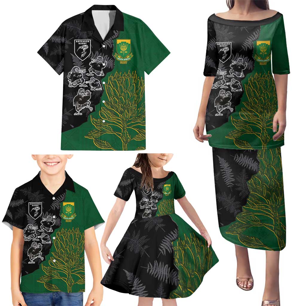 Custom Aotearoa South Africa Rugby Freedom Cup Family Matching Puletasi and Hawaiian Shirt Kiwi Warriors Haka with King Protea Symbol - Polynesian Pride