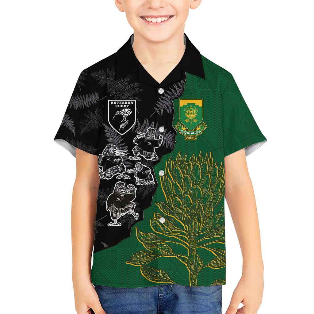 Custom Aotearoa South Africa Rugby Freedom Cup Family Matching Short Sleeve Bodycon Dress and Hawaiian Shirt Kiwi Warriors Haka with King Protea Symbol - Polynesian Pride
