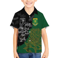 Custom Aotearoa South Africa Rugby Freedom Cup Family Matching Short Sleeve Bodycon Dress and Hawaiian Shirt Kiwi Warriors Haka with King Protea Symbol - Polynesian Pride