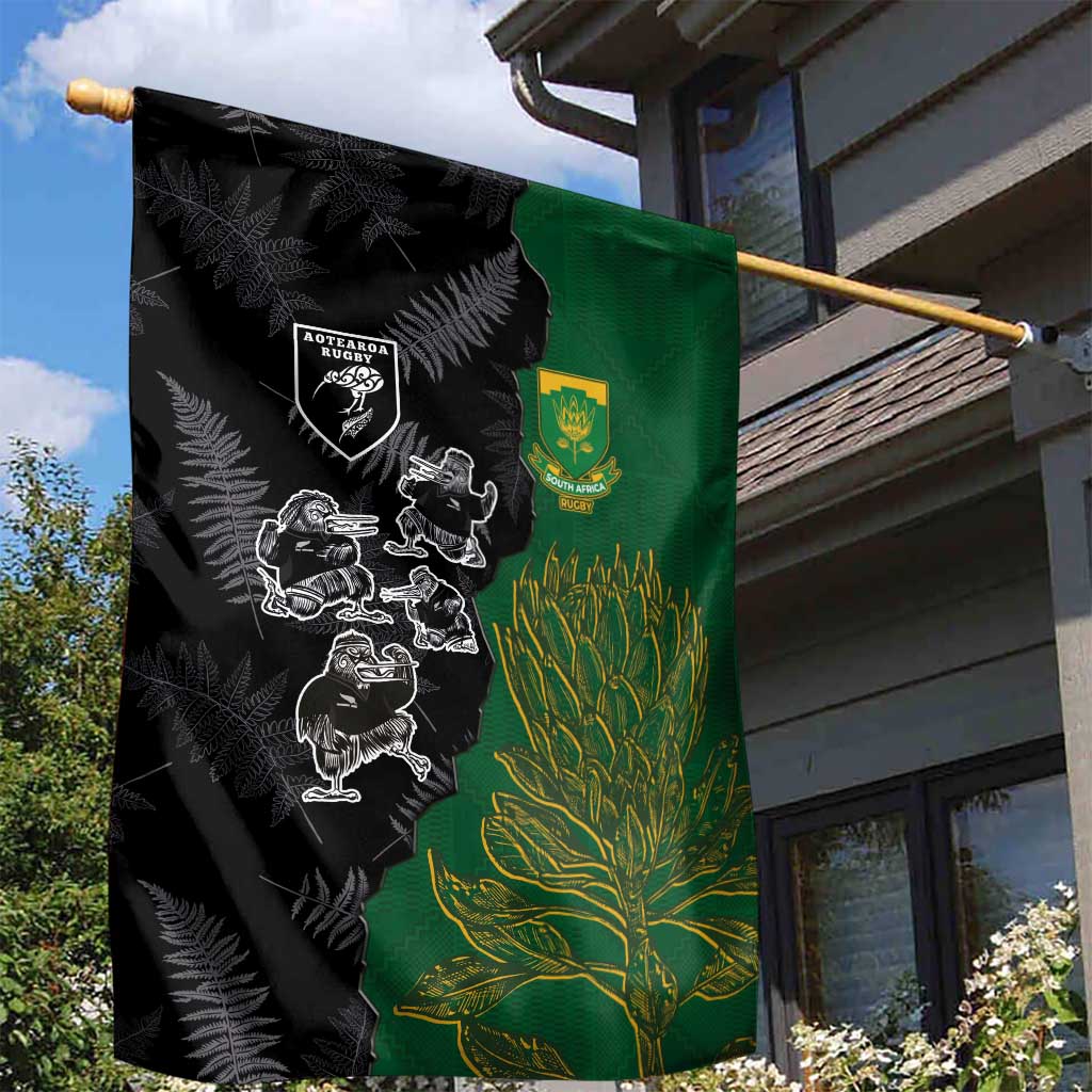Aotearoa South Africa Rugby Freedom Cup Garden Flag Kiwi Warriors Haka with King Protea Symbol - Polynesian Pride