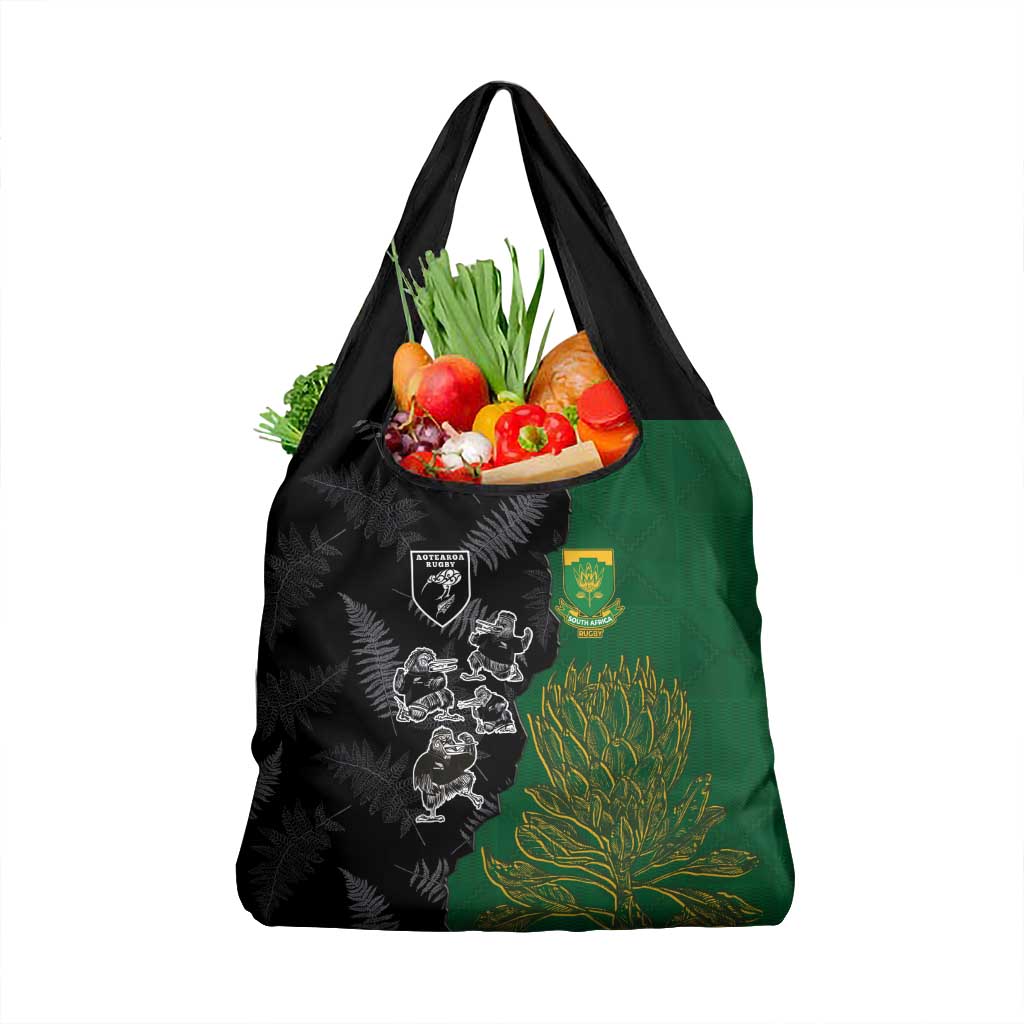 Aotearoa South Africa Rugby Freedom Cup Grocery Bag Kiwi Warriors Haka with King Protea Symbol - Polynesian Pride
