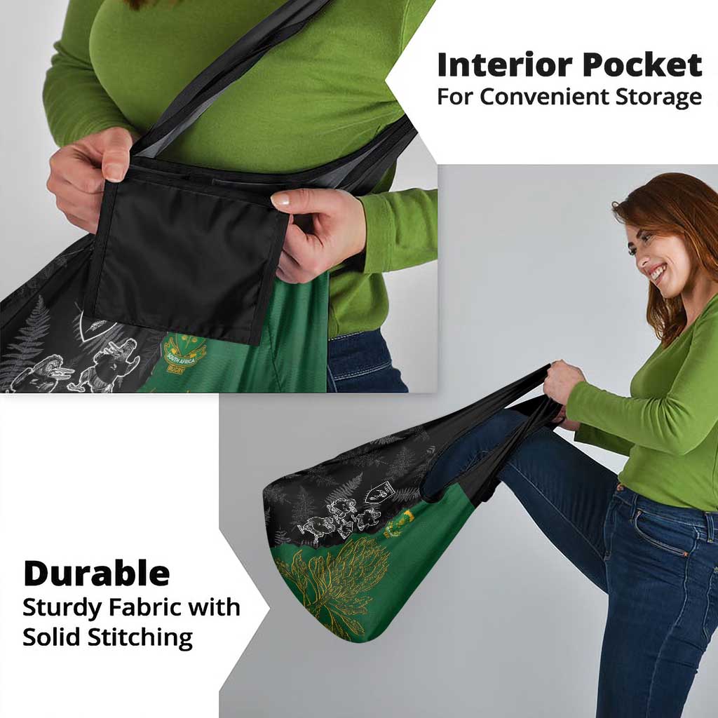 Aotearoa South Africa Rugby Freedom Cup Grocery Bag Kiwi Warriors Haka with King Protea Symbol - Polynesian Pride