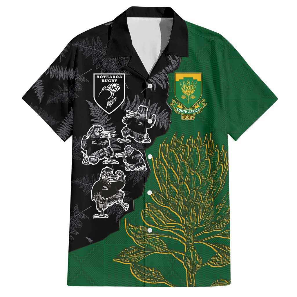 Custom Aotearoa South Africa Rugby Freedom Cup Hawaiian Shirt Kiwi Warriors Haka with King Protea Symbol - Polynesian Pride