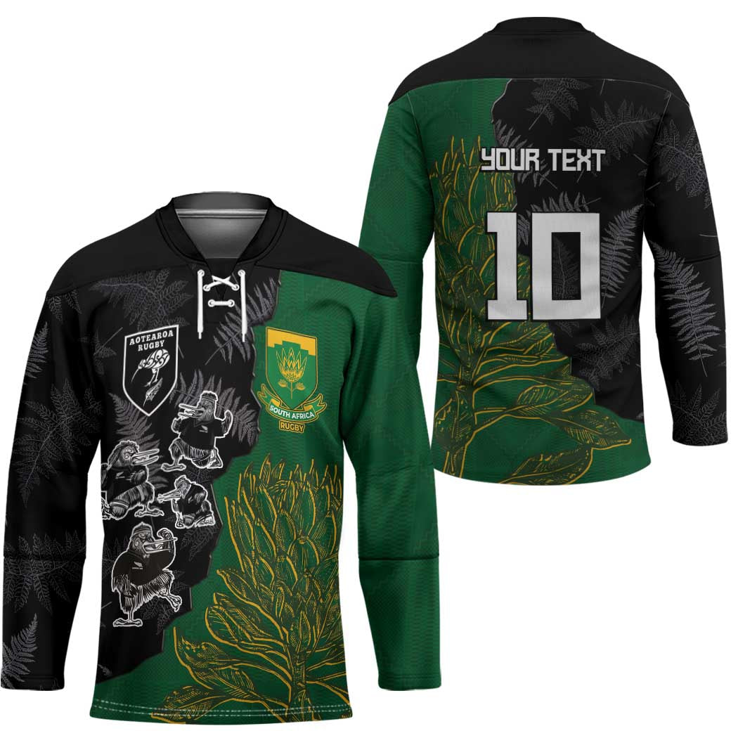 Custom Aotearoa South Africa Rugby Freedom Cup Hockey Jersey Kiwi Warriors Haka with King Protea Symbol - Polynesian Pride