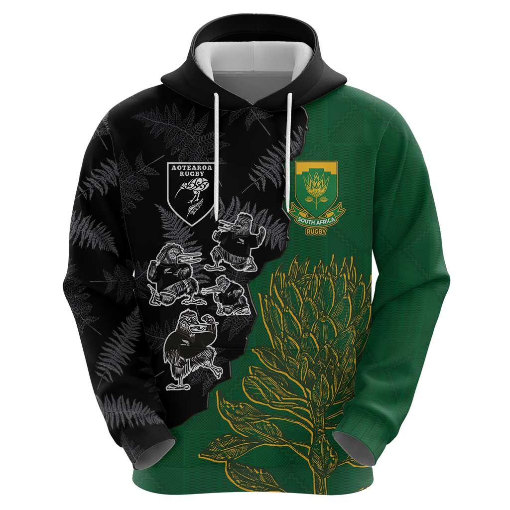 Custom Aotearoa South Africa Rugby Freedom Cup Hoodie Kiwi Warriors Haka with King Protea Symbol - Polynesian Pride