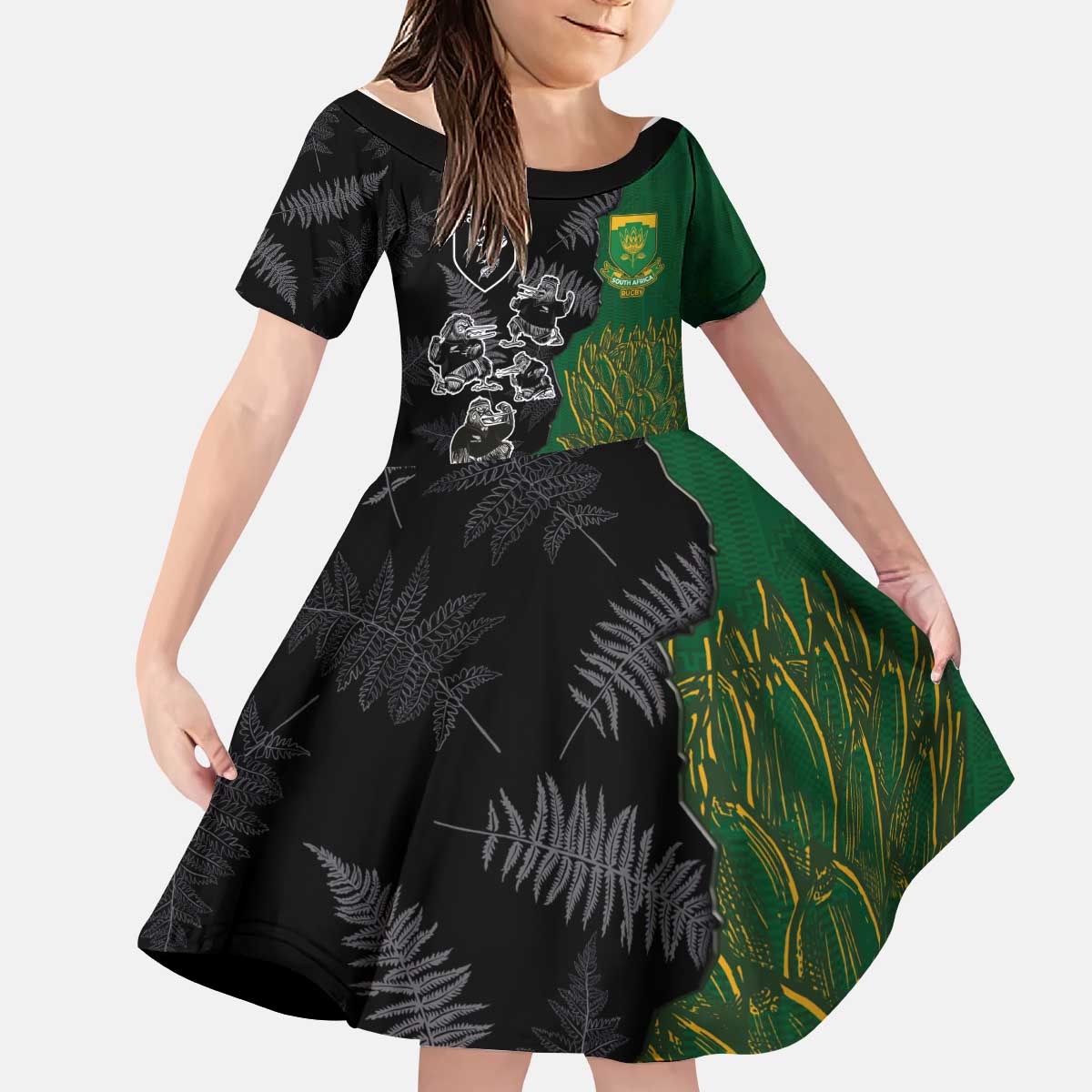 Custom Aotearoa South Africa Rugby Freedom Cup Kid Short Sleeve Dress Kiwi Warriors Haka with King Protea Symbol - Polynesian Pride