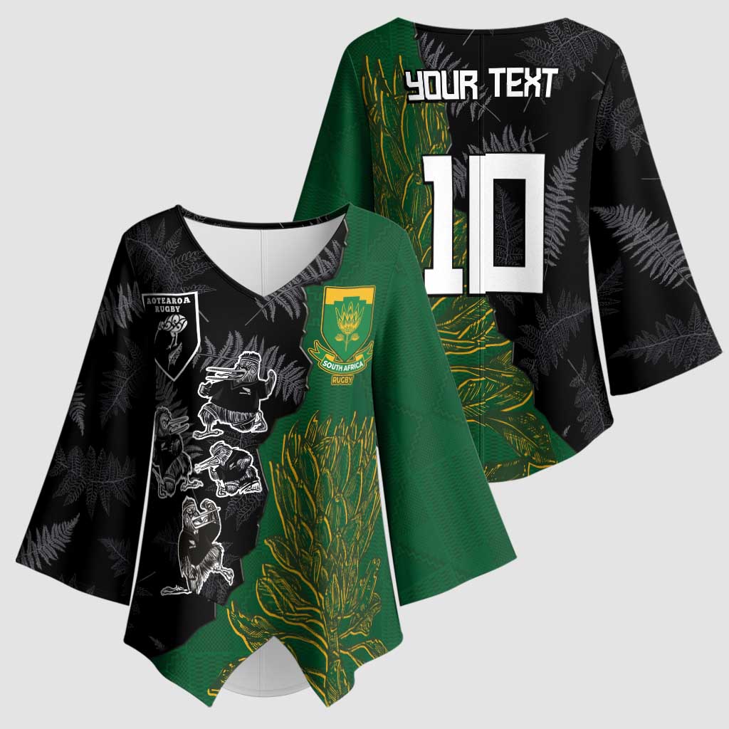 Custom Aotearoa South Africa Rugby Freedom Cup Kimono Sleeve Blouse Kiwi Warriors Haka with King Protea Symbol - Polynesian Pride