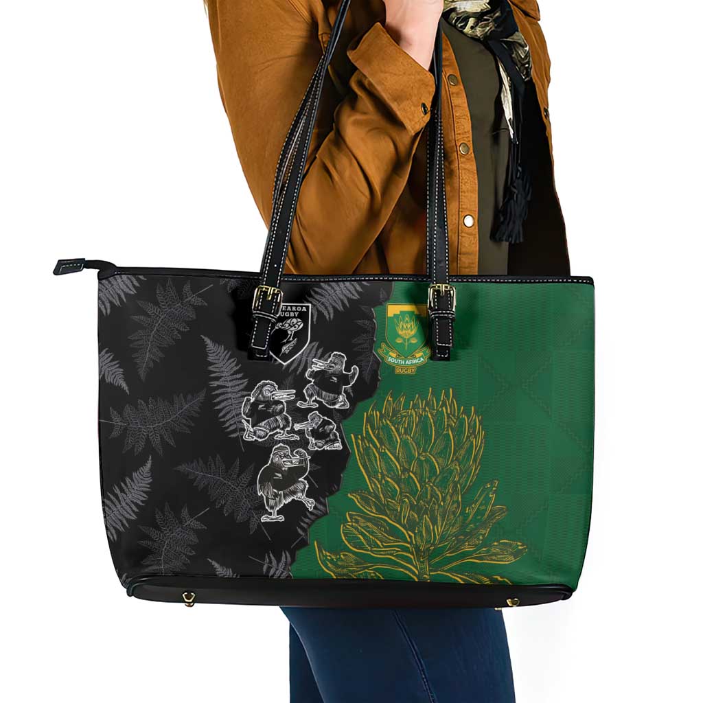 Aotearoa South Africa Rugby Freedom Cup Leather Tote Bag Kiwi Warriors Haka with King Protea Symbol - Polynesian Pride