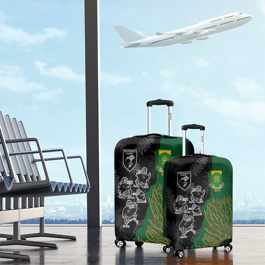 Aotearoa South Africa Rugby Freedom Cup Luggage Cover Kiwi Warriors Haka with King Protea Symbol - Polynesian Pride