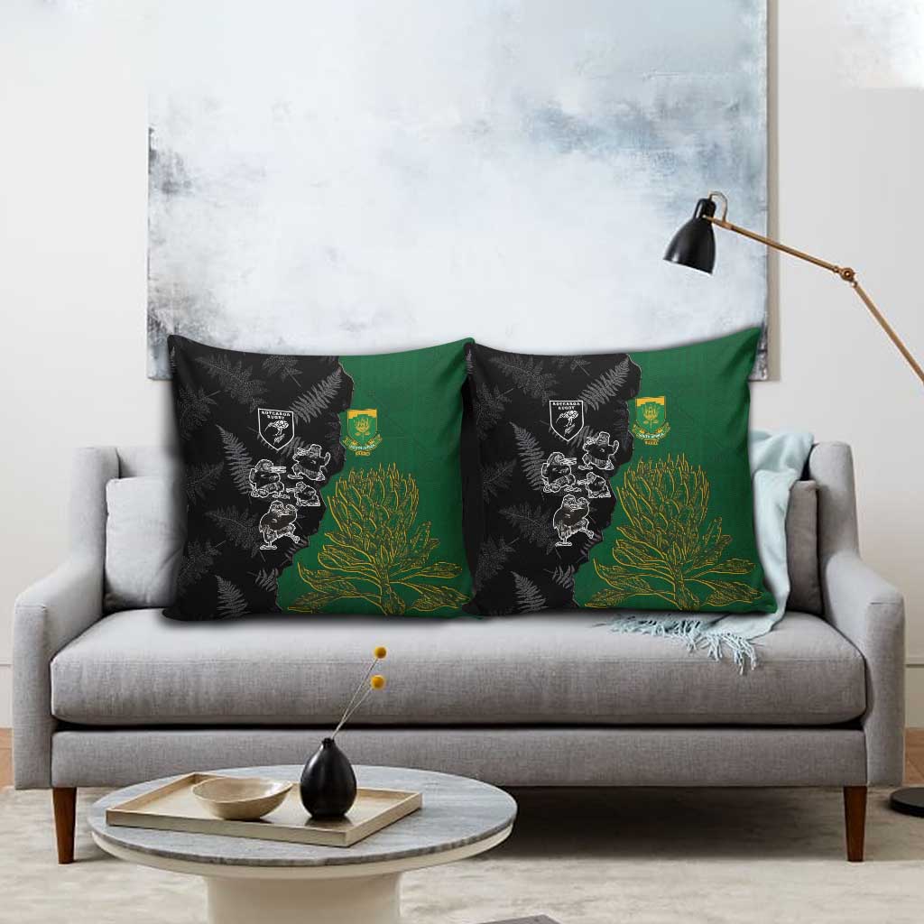 Aotearoa South Africa Rugby Freedom Cup Pillow Cover Kiwi Warriors Haka with King Protea Symbol - Polynesian Pride