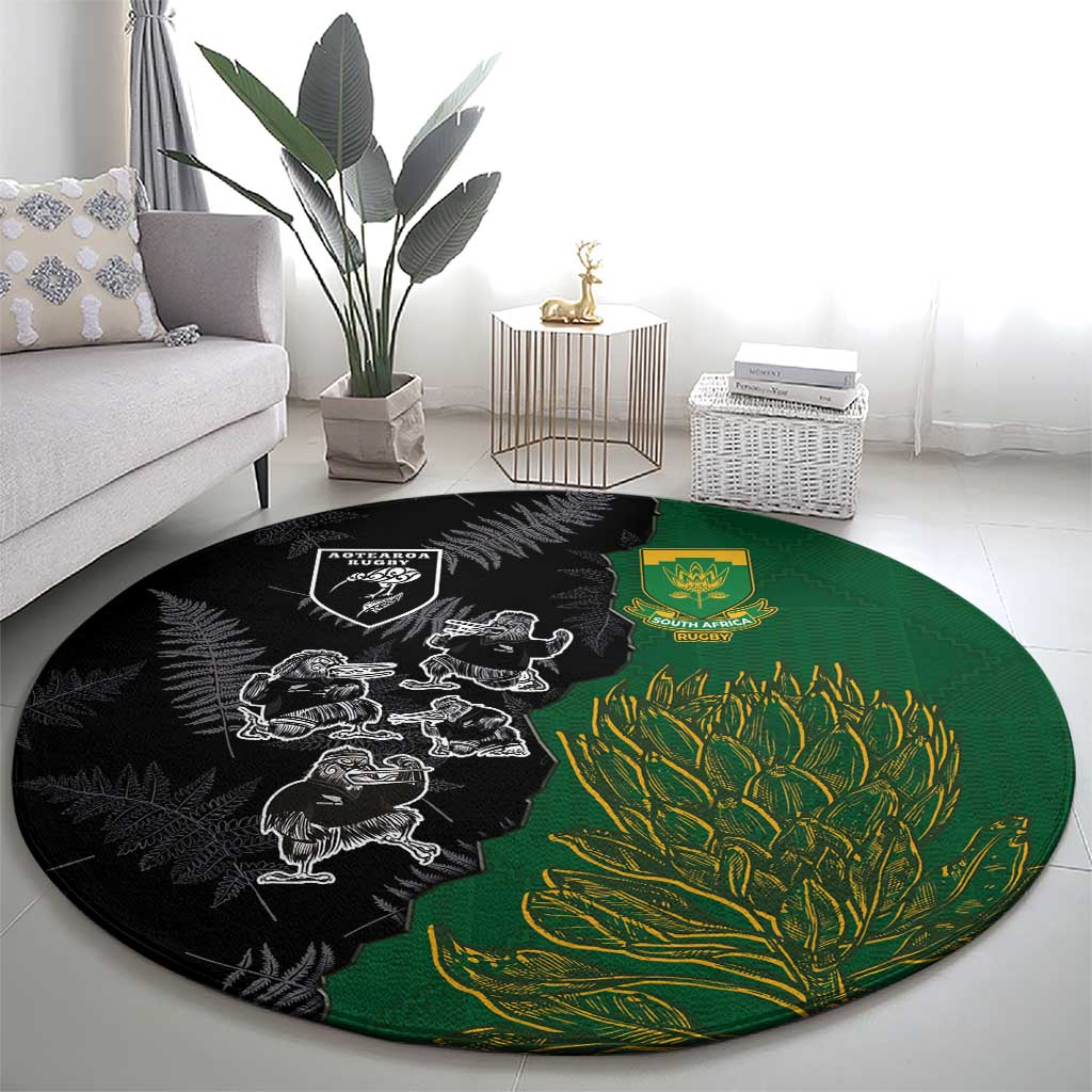 Aotearoa South Africa Rugby Freedom Cup Round Carpet Kiwi Warriors Haka with King Protea Symbol LT03 - Polynesian Pride