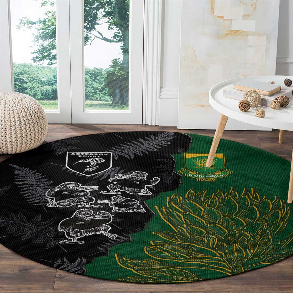 Aotearoa South Africa Rugby Freedom Cup Round Carpet Kiwi Warriors Haka with King Protea Symbol LT03 - Polynesian Pride