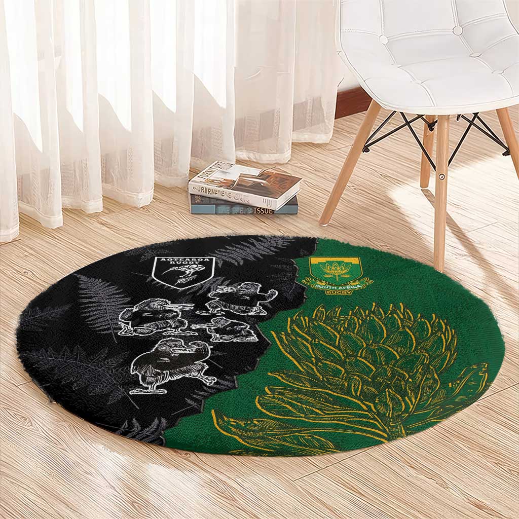 Aotearoa South Africa Rugby Freedom Cup Round Carpet Kiwi Warriors Haka with King Protea Symbol LT03 - Polynesian Pride