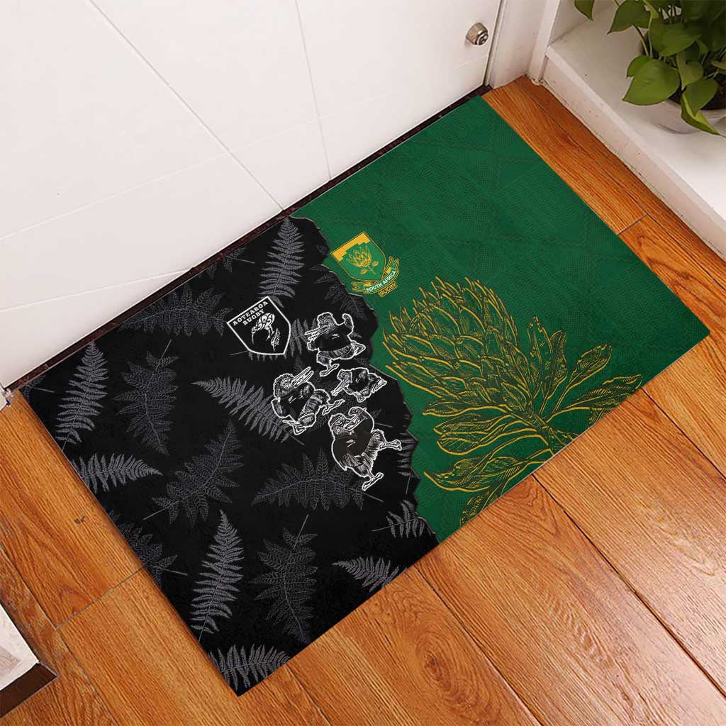 Aotearoa South Africa Rugby Freedom Cup Rubber Doormat Kiwi Warriors Haka with King Protea Symbol - Polynesian Pride