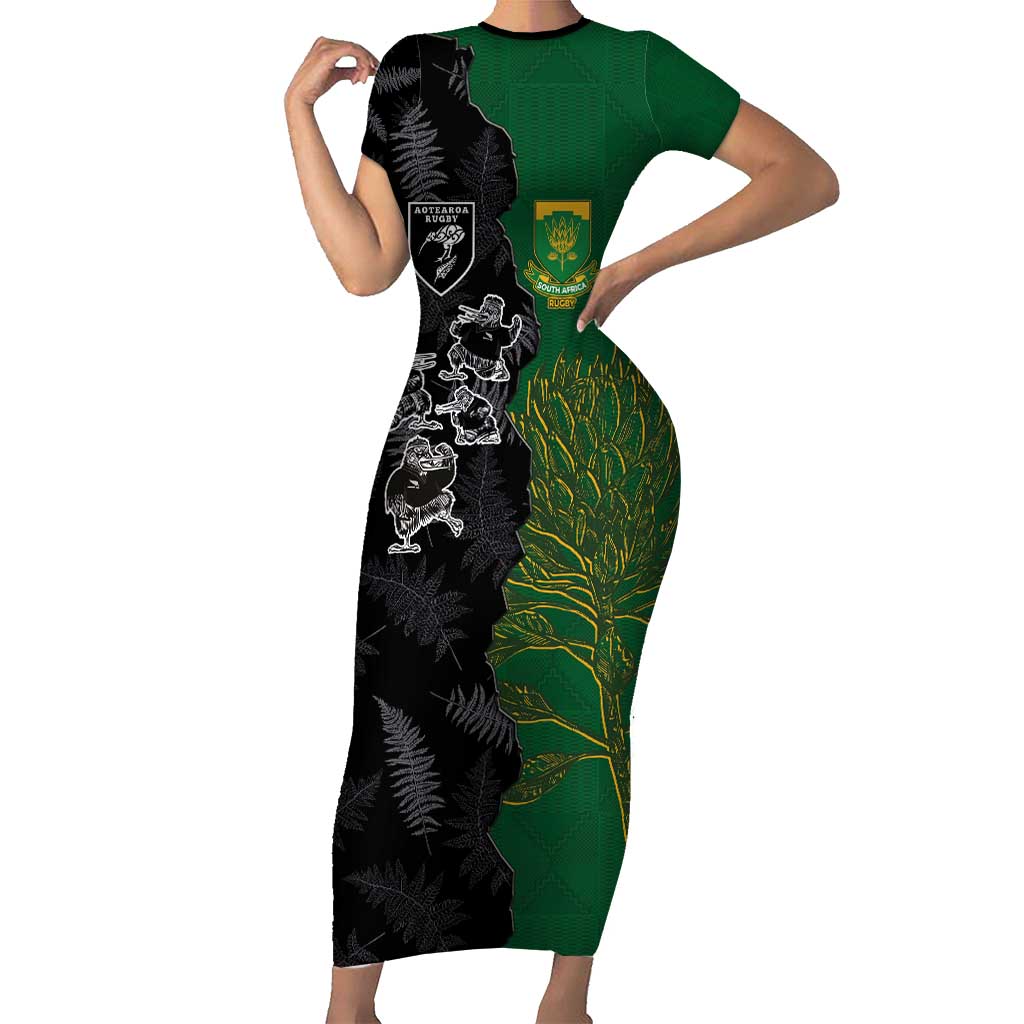 Custom Aotearoa South Africa Rugby Freedom Cup Short Sleeve Bodycon Dress Kiwi Warriors Haka with King Protea Symbol - Polynesian Pride