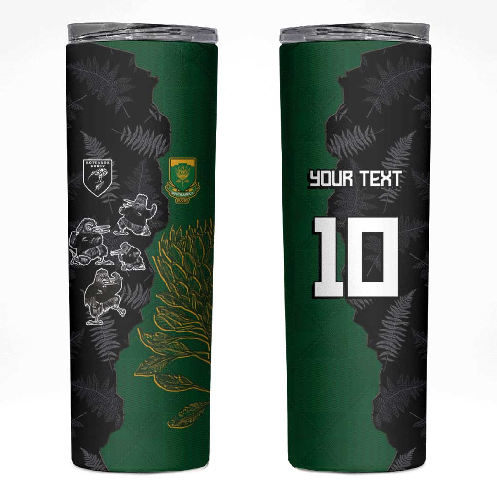 Custom Aotearoa South Africa Rugby Freedom Cup Skinny Tumbler Kiwi Warriors Haka with King Protea Symbol - Polynesian Pride