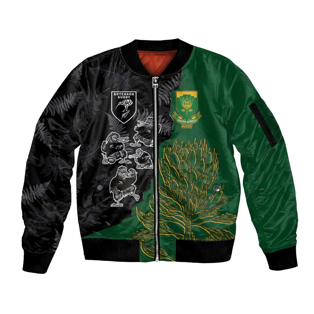 Custom Aotearoa South Africa Rugby Freedom Cup Sleeve Zip Bomber Jacket Kiwi Warriors Haka with King Protea Symbol - Polynesian Pride