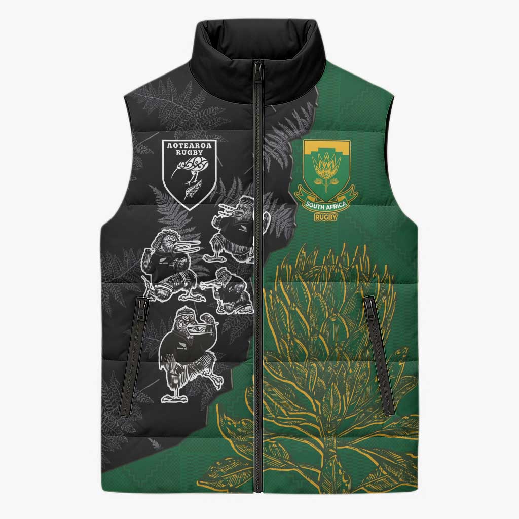 Custom Aotearoa South Africa Rugby Freedom Cup Sleeveless Puffer Jacket Kiwi Warriors Haka with King Protea Symbol - Polynesian Pride