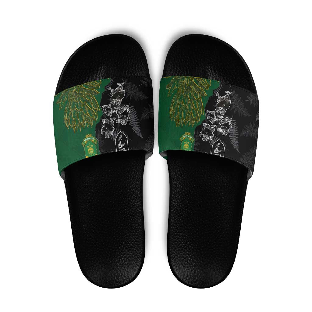 Aotearoa South Africa Rugby Freedom Cup Slide Sandals Kiwi Warriors Haka with King Protea Symbol - Polynesian Pride