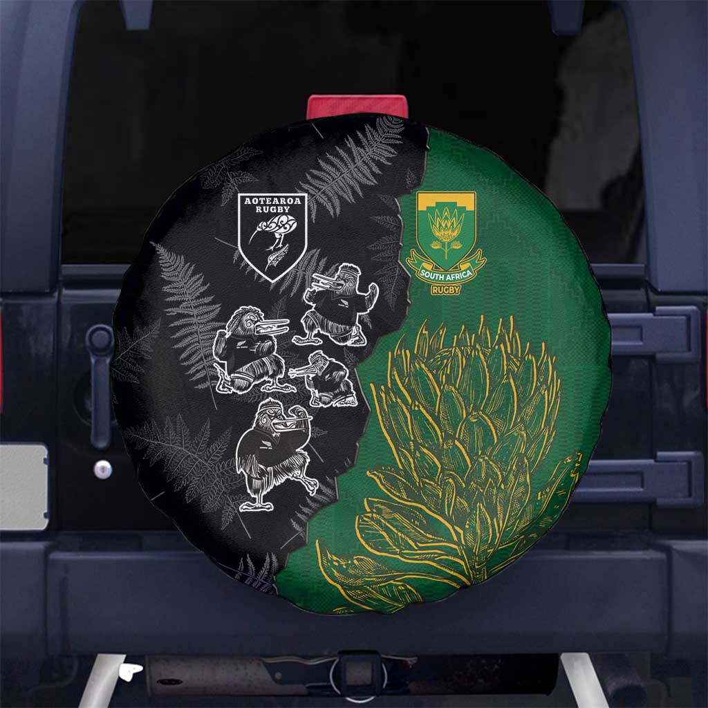 Aotearoa South Africa Rugby Freedom Cup Spare Tire Cover Kiwi Warriors Haka with King Protea Symbol - Polynesian Pride