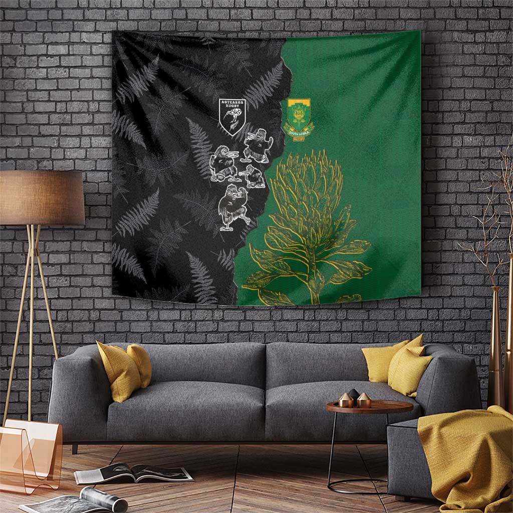 Aotearoa South Africa Rugby Freedom Cup Tapestry Kiwi Warriors Haka with King Protea Symbol LT03 Green - Polynesian Pride