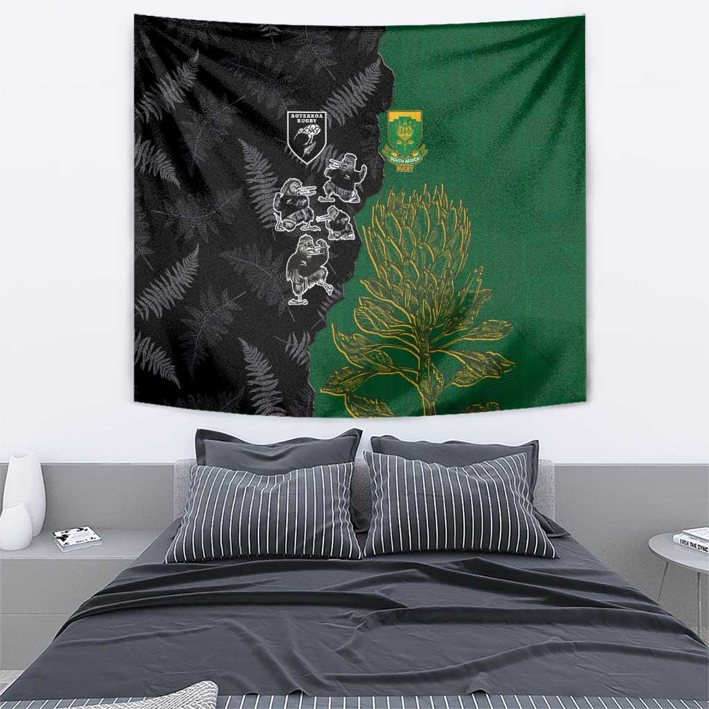 Aotearoa South Africa Rugby Freedom Cup Tapestry Kiwi Warriors Haka with King Protea Symbol LT03 - Polynesian Pride