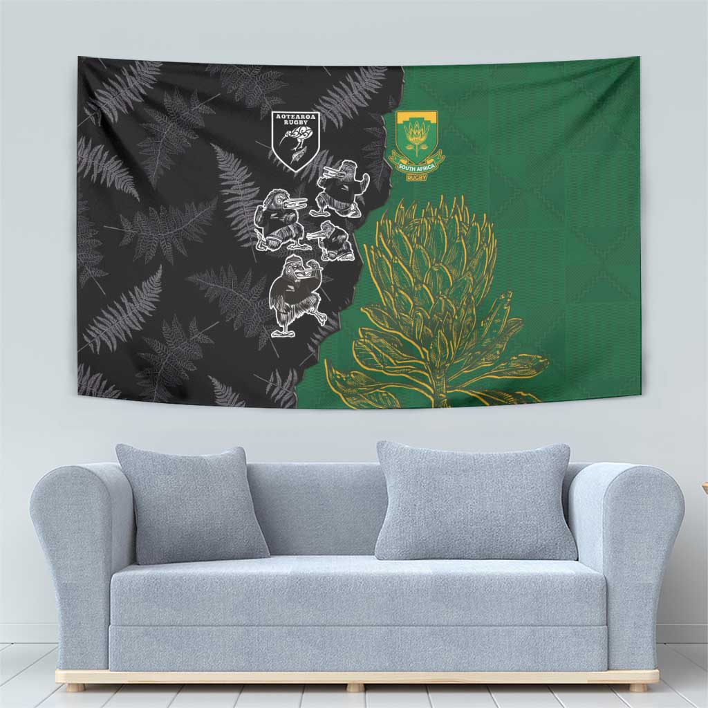 Aotearoa South Africa Rugby Freedom Cup Tapestry Kiwi Warriors Haka with King Protea Symbol LT03 - Polynesian Pride