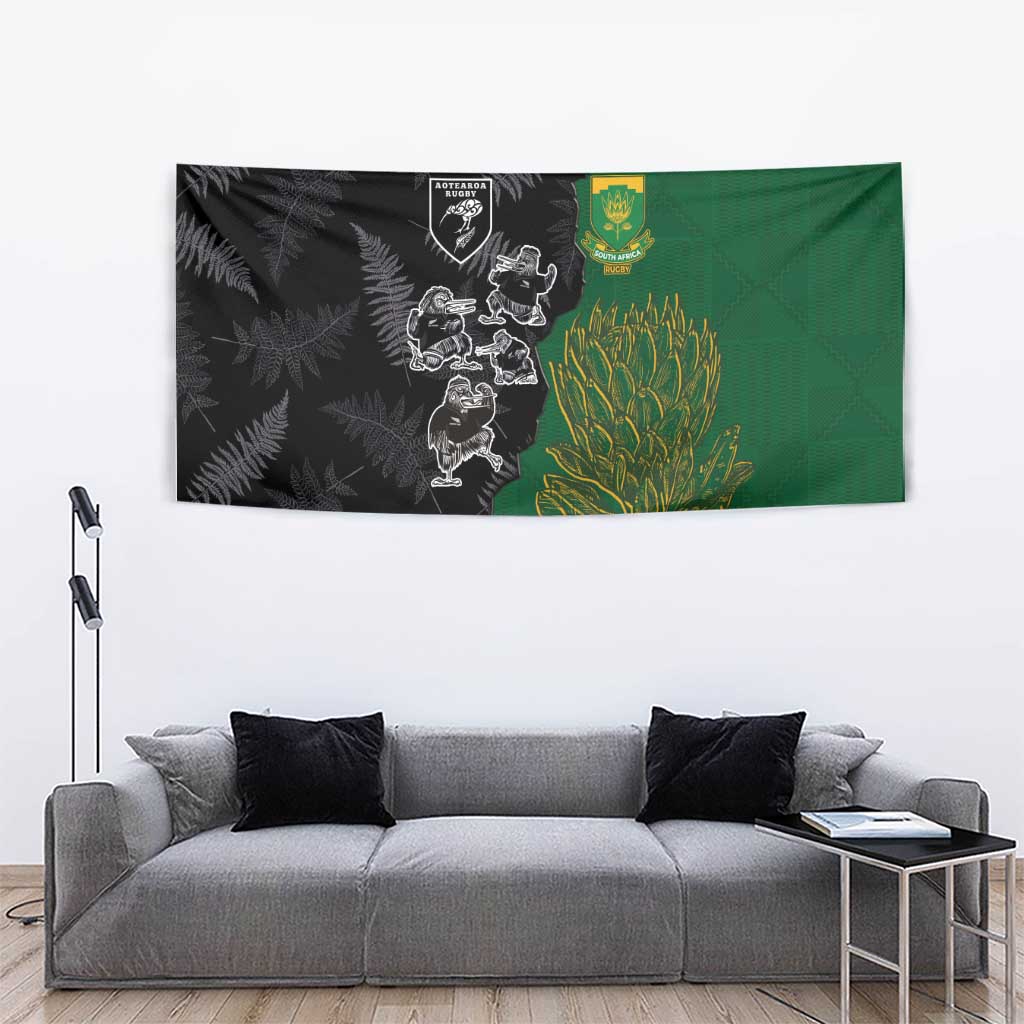 Aotearoa South Africa Rugby Freedom Cup Tapestry Kiwi Warriors Haka with King Protea Symbol LT03 - Polynesian Pride