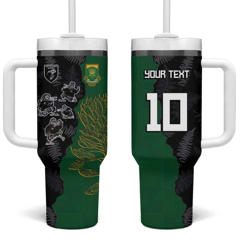 Custom Aotearoa South Africa Rugby Freedom Cup Tumbler With Handle Kiwi Warriors Haka with King Protea Symbol - Polynesian Pride