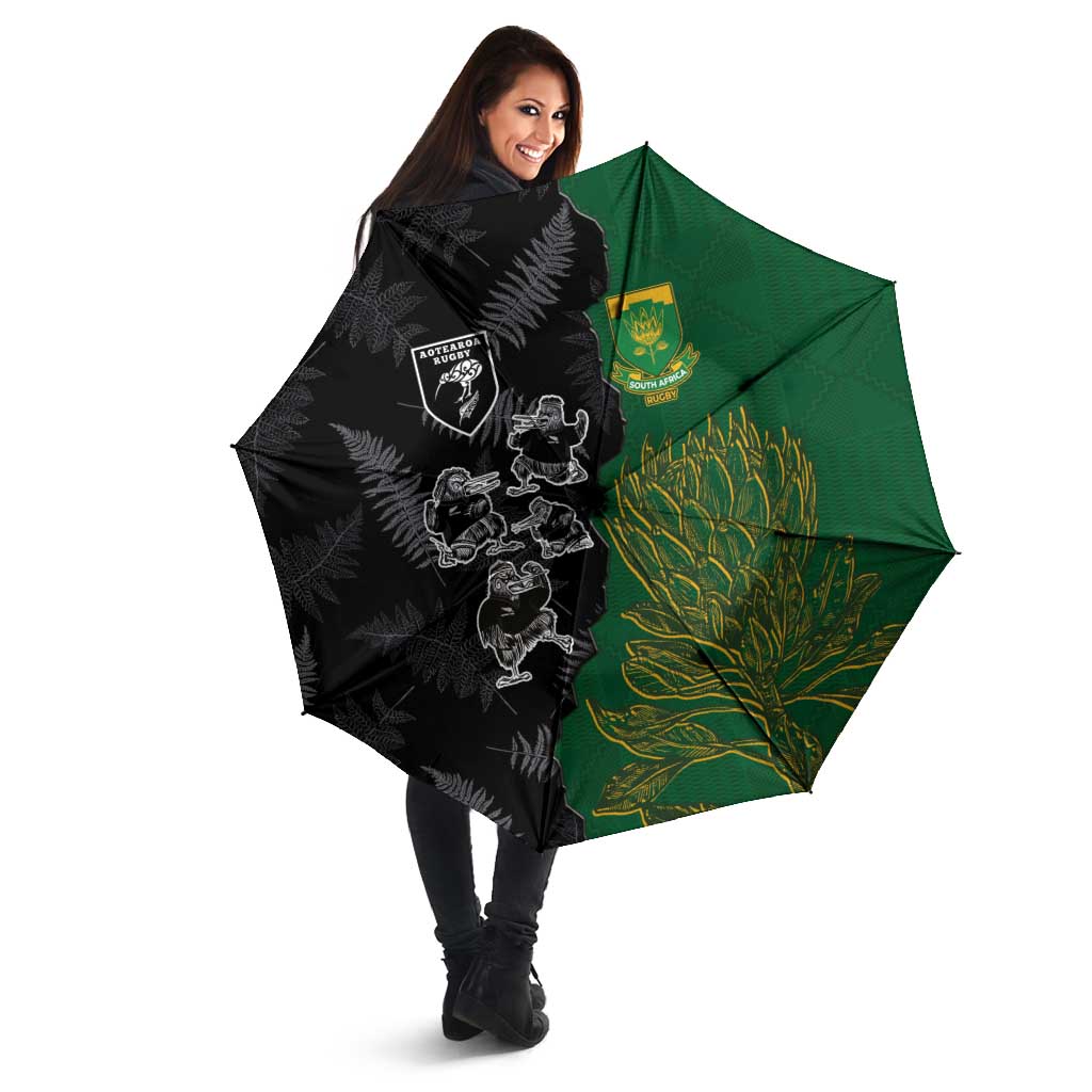 Aotearoa South Africa Rugby Freedom Cup Umbrella Kiwi Warriors Haka with King Protea Symbol - Polynesian Pride