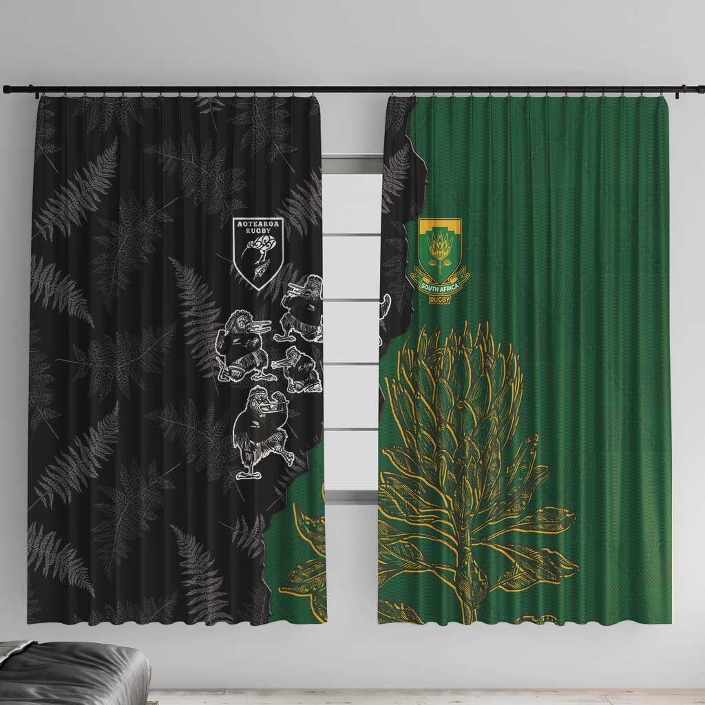 Aotearoa South Africa Rugby Freedom Cup Window Curtain Kiwi Warriors Haka with King Protea Symbol LT03 With Hooks Green - Polynesian Pride