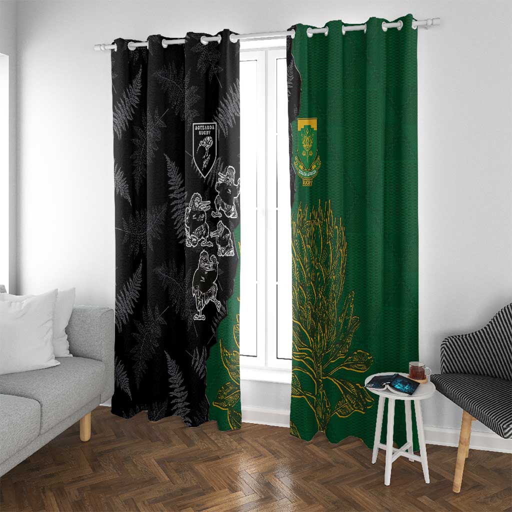 Aotearoa South Africa Rugby Freedom Cup Window Curtain Kiwi Warriors Haka with King Protea Symbol LT03 With Grommets Green - Polynesian Pride