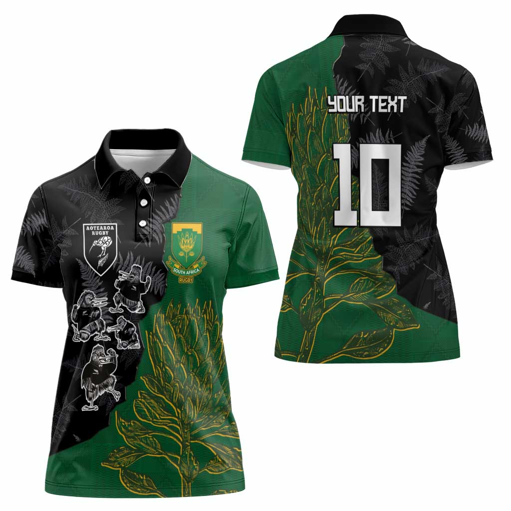 Custom Aotearoa South Africa Rugby Freedom Cup Women Polo Shirt Kiwi Warriors Haka with King Protea Symbol - Polynesian Pride
