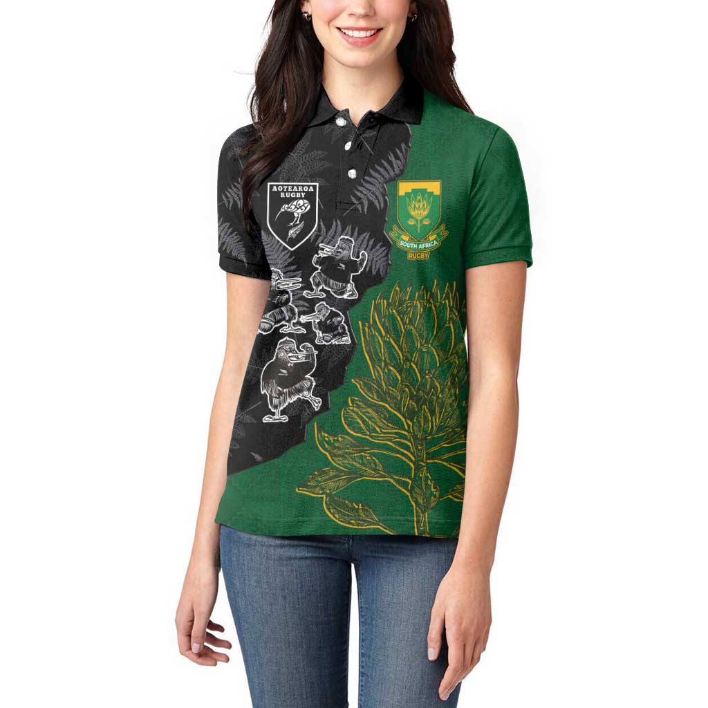 Custom Aotearoa South Africa Rugby Freedom Cup Women Polo Shirt Kiwi Warriors Haka with King Protea Symbol - Polynesian Pride