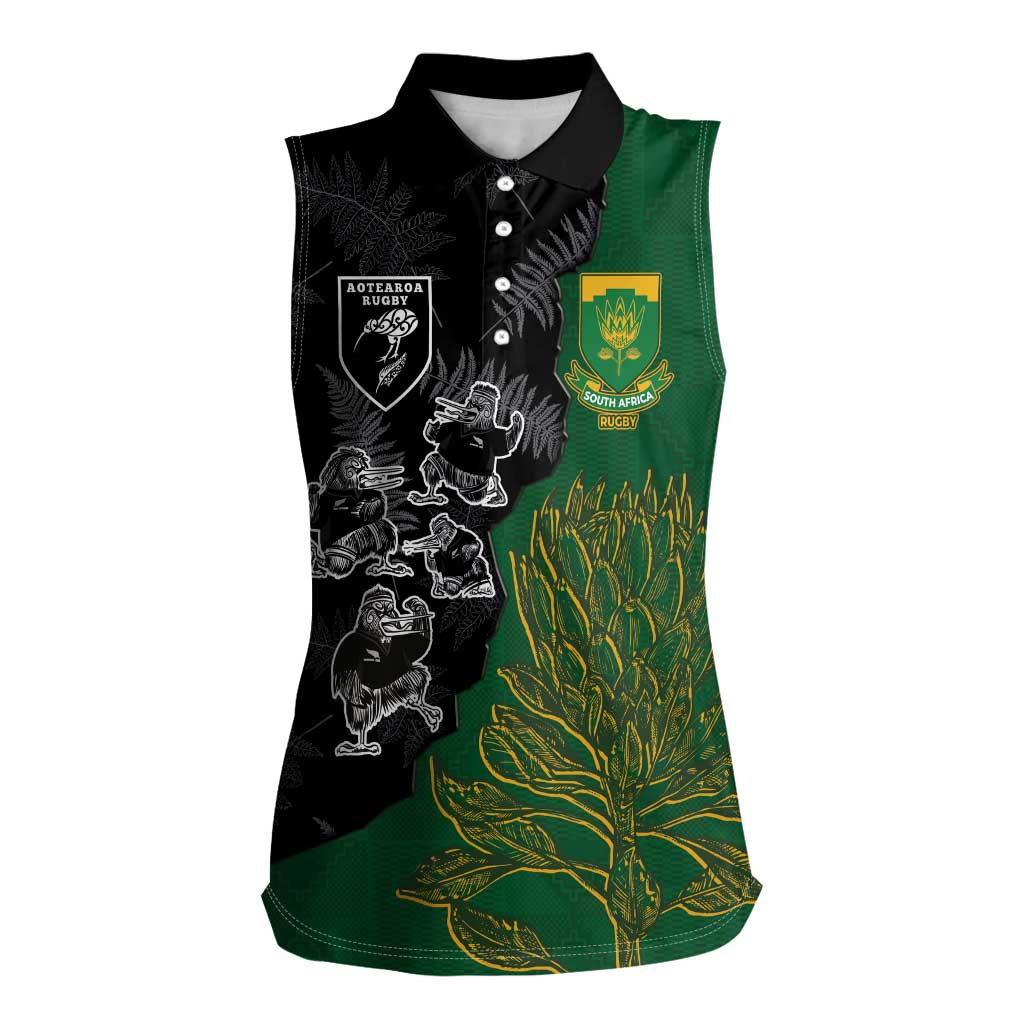 Custom Aotearoa South Africa Rugby Freedom Cup Women Sleeveless Polo Shirt Kiwi Warriors Haka with King Protea Symbol - Polynesian Pride