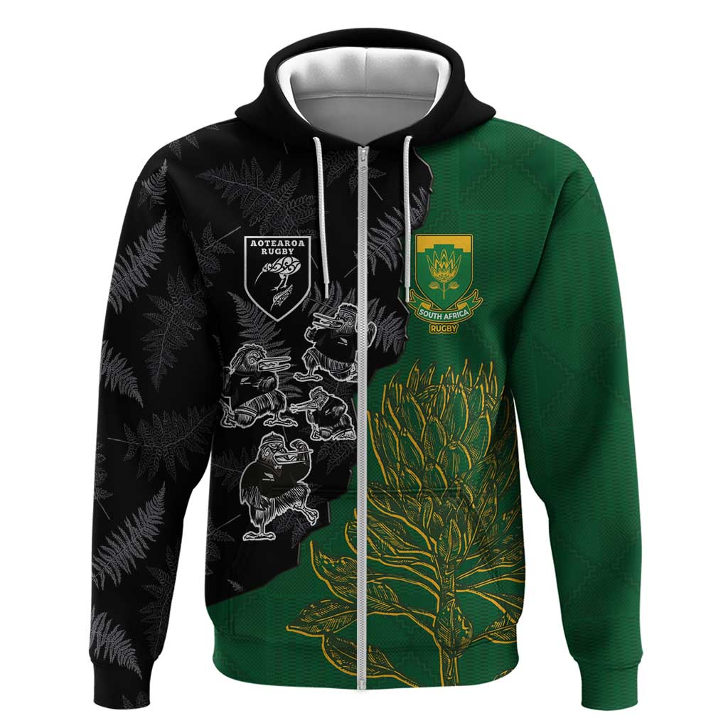 Custom Aotearoa South Africa Rugby Freedom Cup Zip Hoodie Kiwi Warriors Haka with King Protea Symbol - Polynesian Pride