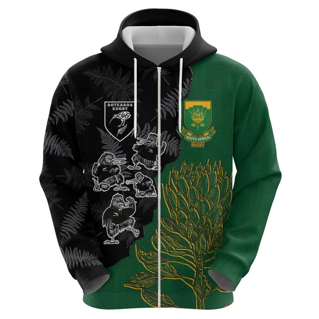 Custom Aotearoa South Africa Rugby Freedom Cup Zip Hoodie Kiwi Warriors Haka with King Protea Symbol - Polynesian Pride