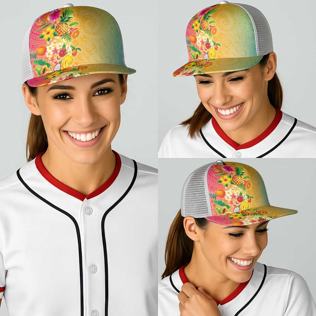 Hawaiian Tropical Fruits and Plants Baseball Net Cap Kakau Pattern Summer Vibe